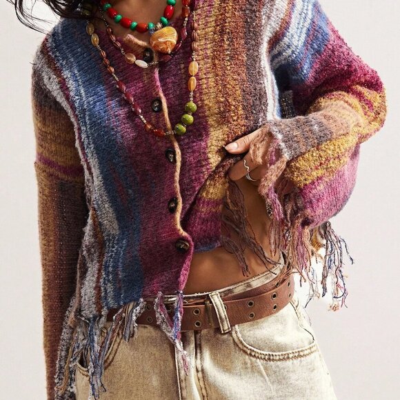 Multicolor Casual Women's colorful Ombre Striped Fringe Hem Cardigan - Picture 6 of 8